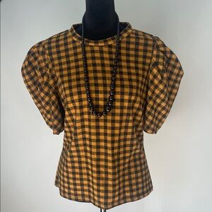 Plaid Puff Sleeve Top - Black and gold